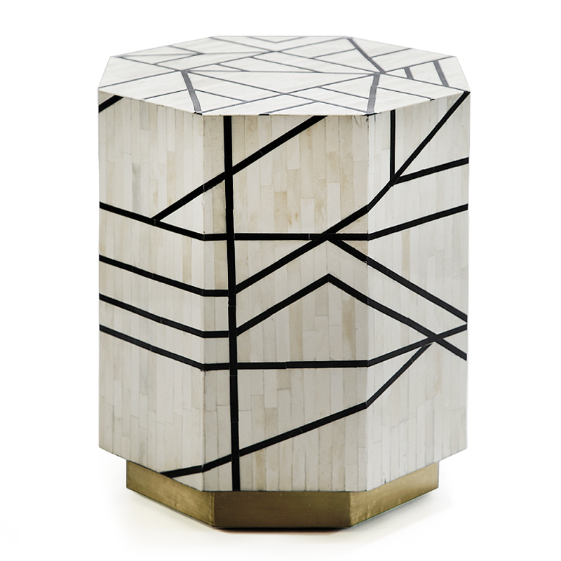 Приставной столик с инкрустацией Black and White Geometry bone bedside table ivory ( слоновая кость ) Черный в Санкт-петербурге | Loft Concept 