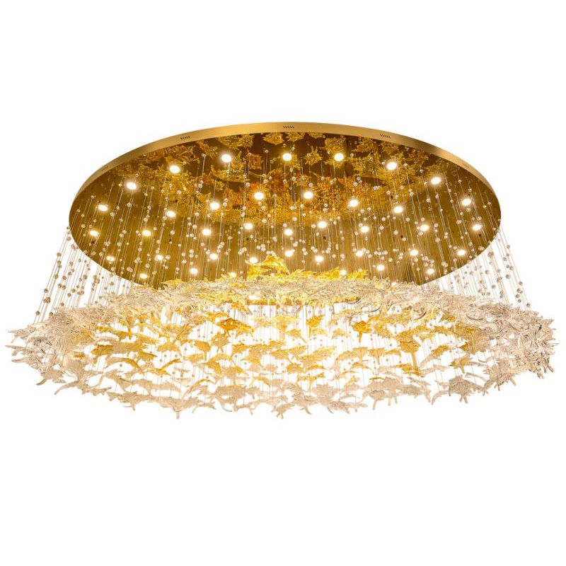 Большая круглая люстра с подвесками в виде листьев Amber Leaf Fall Light Chandelier Gold Прозрачное Стекло Золотой в Санкт-петербурге | Loft Concept 