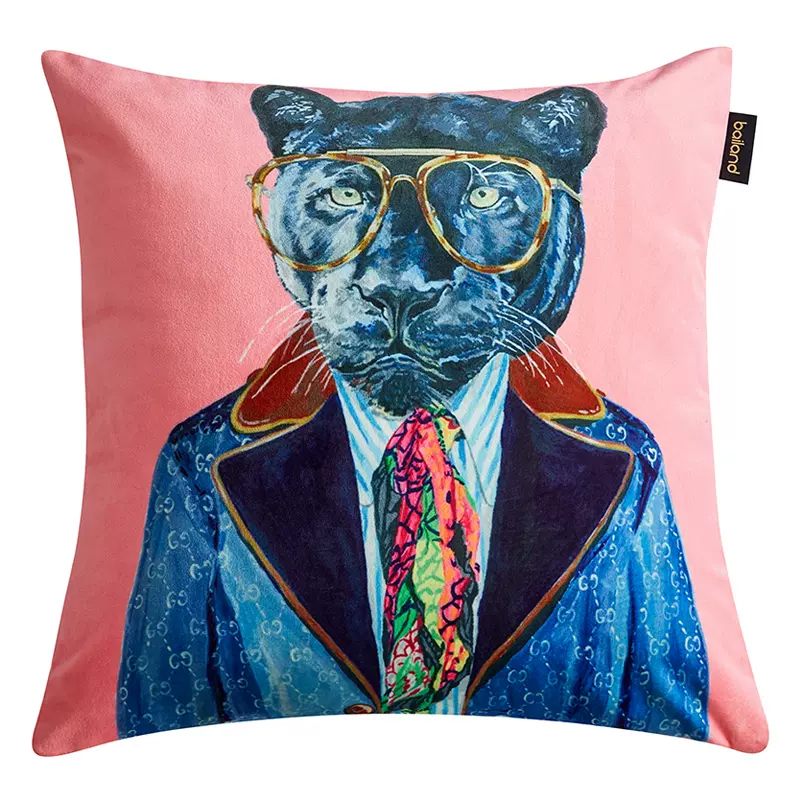 Декоративная подушка Стиль Gucci Panther Fashion Animals Cushion Pink Розовый Синий Мульти в Санкт-петербурге | Loft Concept 