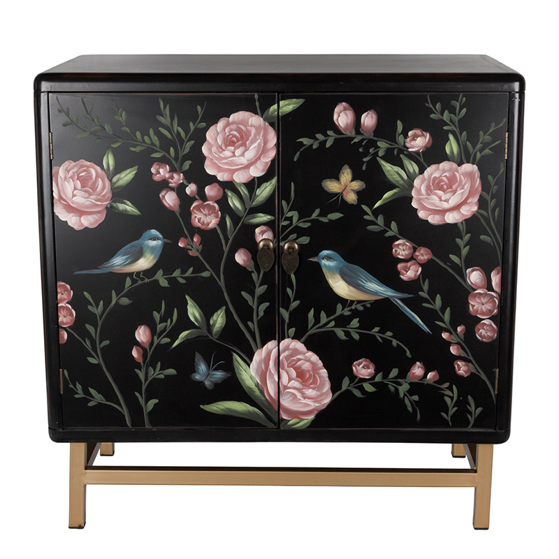 Комод с росписью птицы и цветы Black Chest Of Drawers Peonies Черный Черный Золотой Мульти в Санкт-петербурге | Loft Concept 