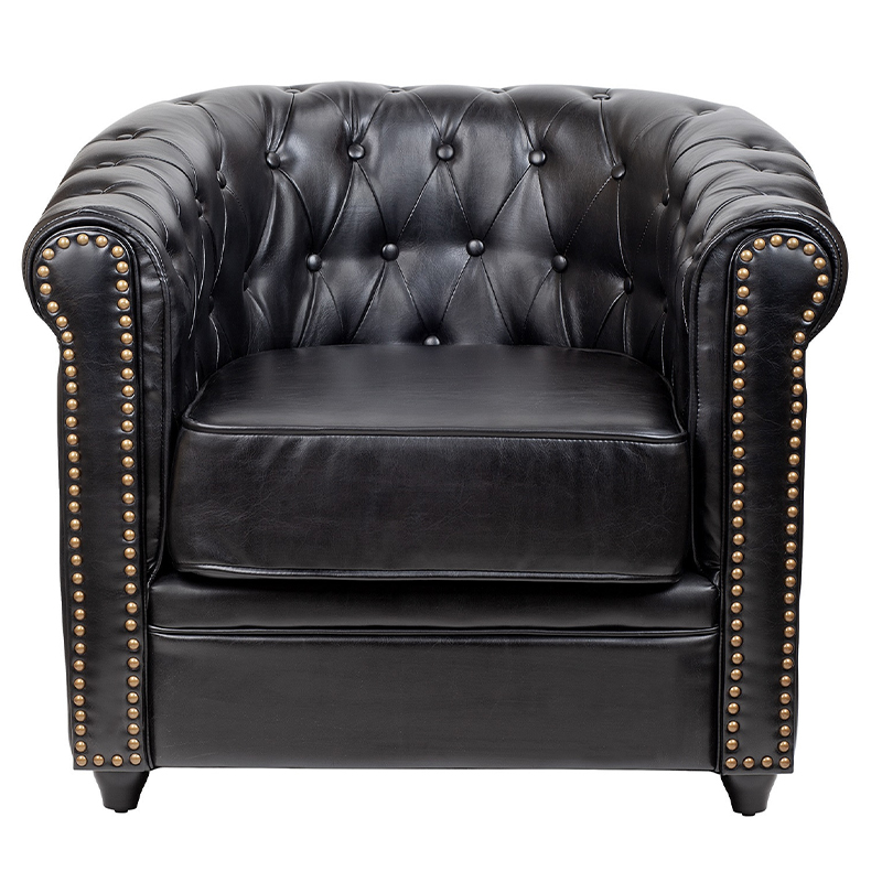 Кресло кожаное с мягкими подлокотниками на 4-х деревянных ножках Logan Leather Armchair black Черный в Санкт-петербурге | Loft Concept 