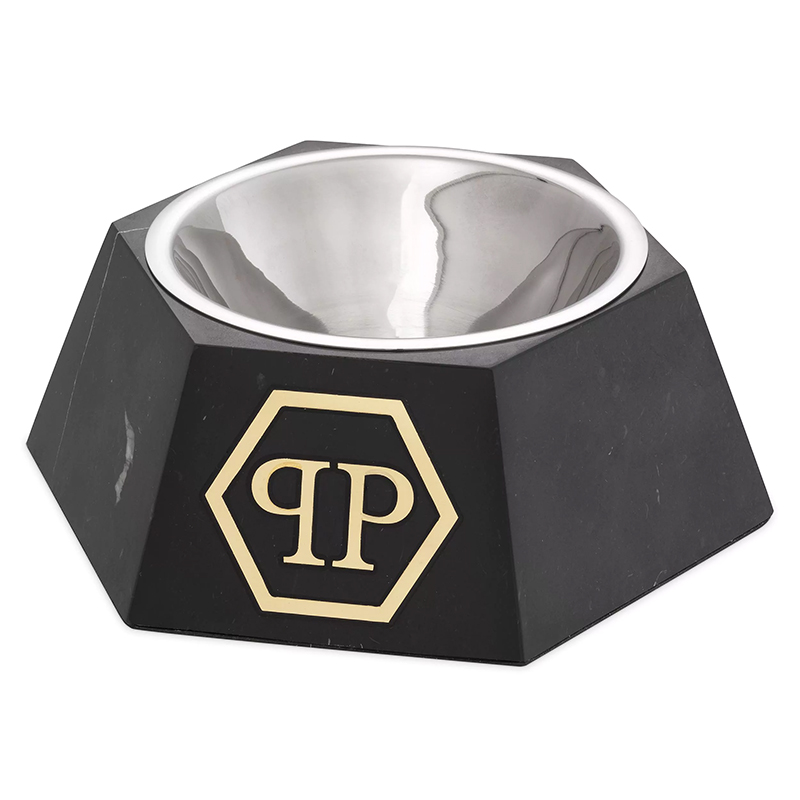 Миска для корма Philipp Plein Dog Food bowl Nice L Black Черный Мрамор Nero Сталь Золотой в Санкт-петербурге | Loft Concept 