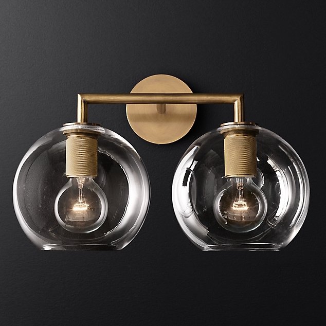 Бра RH Utilitaire Globe Shade Double Sconce Brass Прозрачное Стекло Латунь в Санкт-петербурге | Loft Concept 