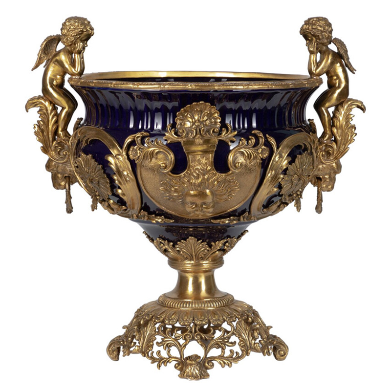 Чаша темно-синего цвета с фигурками ангелов и рельефным декором Eden Garden porcelain and bronze Темно-синий Бронза Чаша темно-синего цвета с фигурками ангелов и рельефным декором Eden Garden porcelain and bronze Темно-синий Бронза в Санкт-петербурге | Loft Concept
