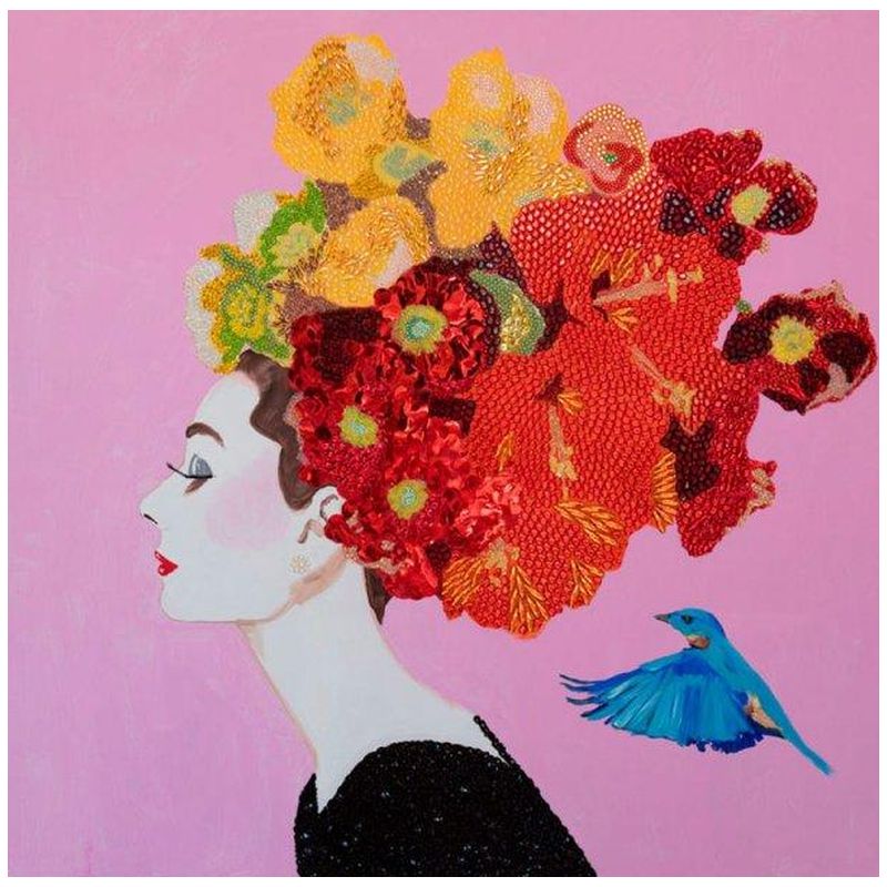 Картина Audrey with Flower Bouquet Headdress, Blue Bird, and Pink Background Мульти в Санкт-петербурге | Loft Concept 