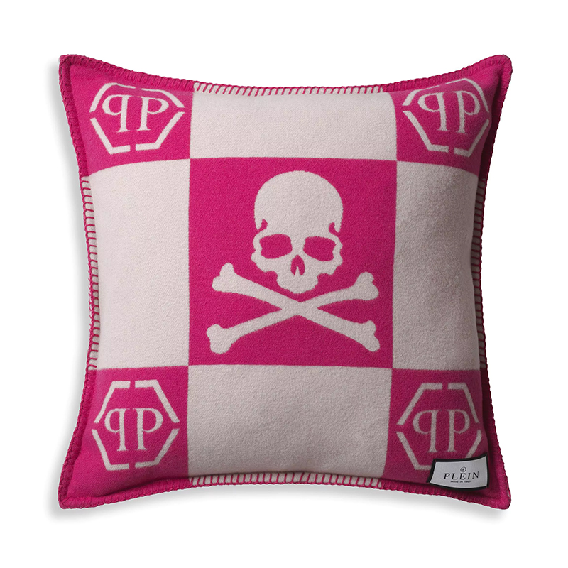 Подушка Philipp Plein Cushion Cashmere Skull 45 x 45 Pink Розовый Белый в Санкт-петербурге | Loft Concept 