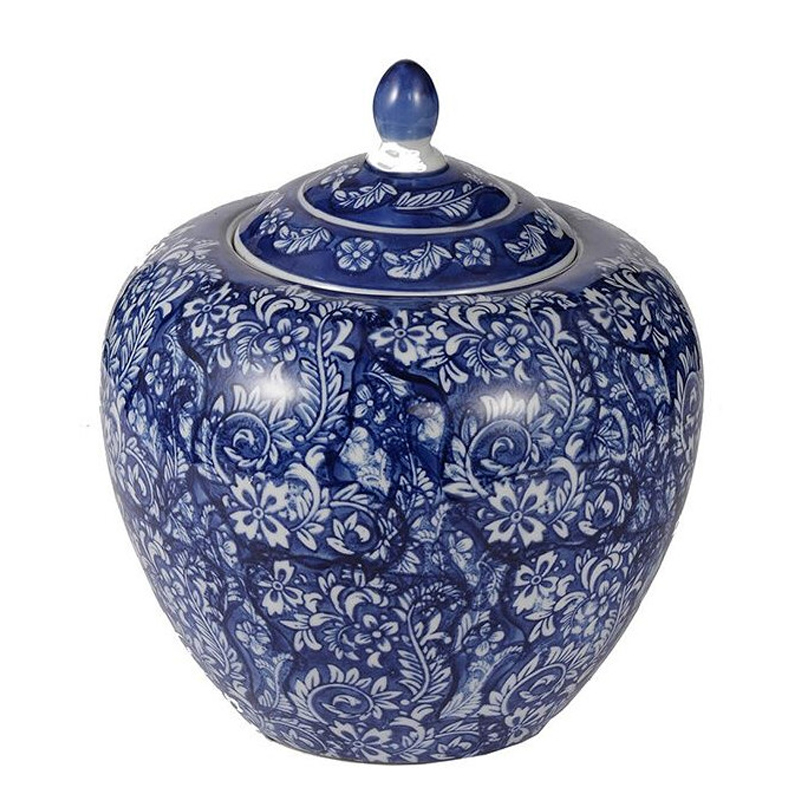 Ваза округлой формы с синей росписью и цветочным узором Blue & White Ornament Белый Синий Ваза округлой формы с синей росписью и цветочным узором Blue & White Ornament Белый Синий в Санкт-петербурге | Loft Concept