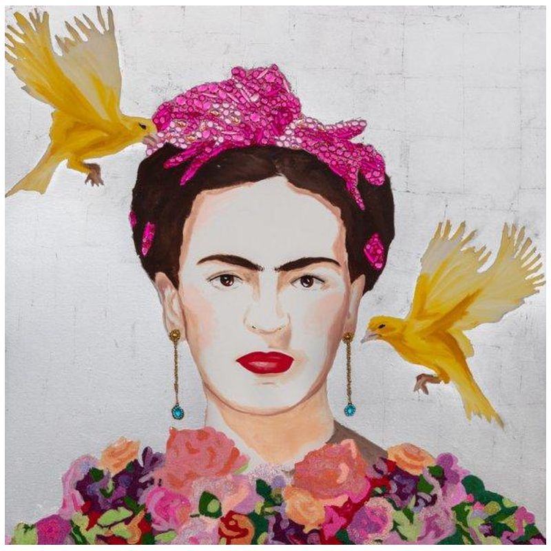 Картина Frida with Yellow Flying Parakeets, Flower Bouquet Dress and Silver Leaf Background Мульти в Санкт-петербурге | Loft Concept 