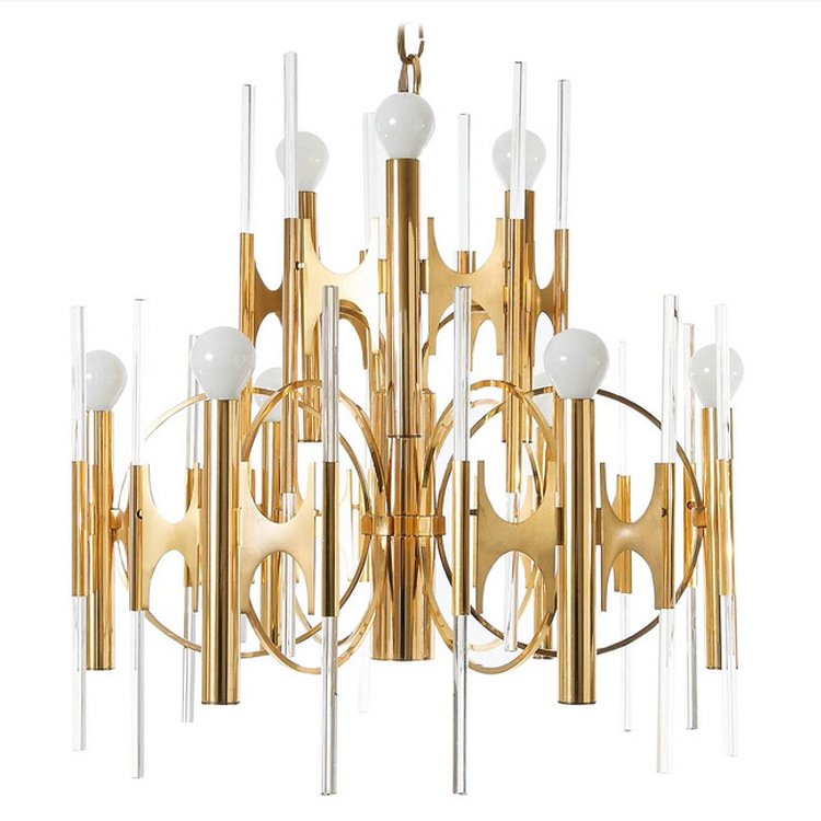 Люстра HUGE ITALIAN BRASS AND GLASS CHANDELIER BY GAETANO SCIOLARI 1970s Золотой Белый в Санкт-петербурге | Loft Concept 