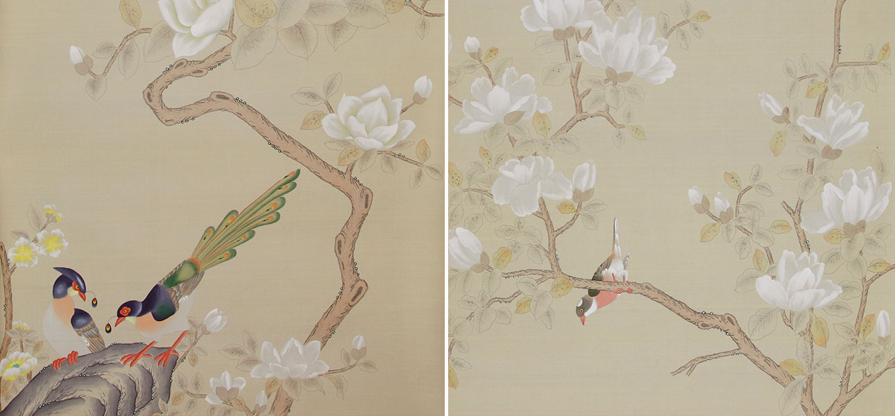 Обои ручная роспись Japanese Garden Special Colourway on Faint Gold metallic silk - фото
