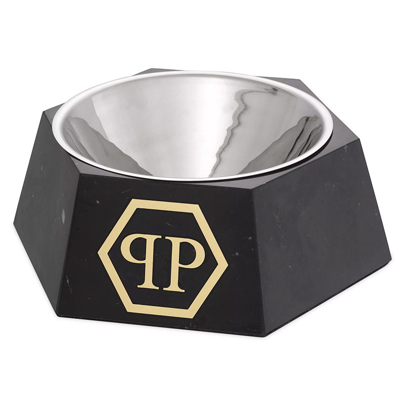 Миска для корма Philipp Plein Dog Food bowl Nice XL Black Черный Мрамор Nero Сталь Золотой в Санкт-петербурге | Loft Concept 