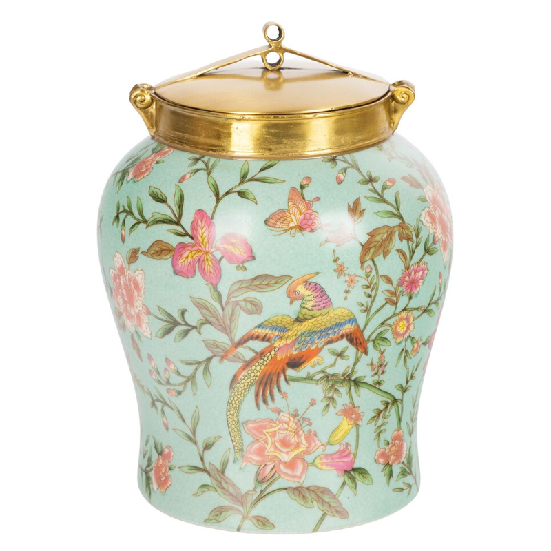 Ваза округлой формы из фарфора с рисунком и бронзовой крышкой Turquoise Blooming Garden Мульти Бронза Бирюзовый Ваза округлой формы из фарфора с рисунком и бронзовой крышкой Turquoise Blooming Garden Мульти Бронза Бирюзовый в Санкт-петербурге | Loft Concept