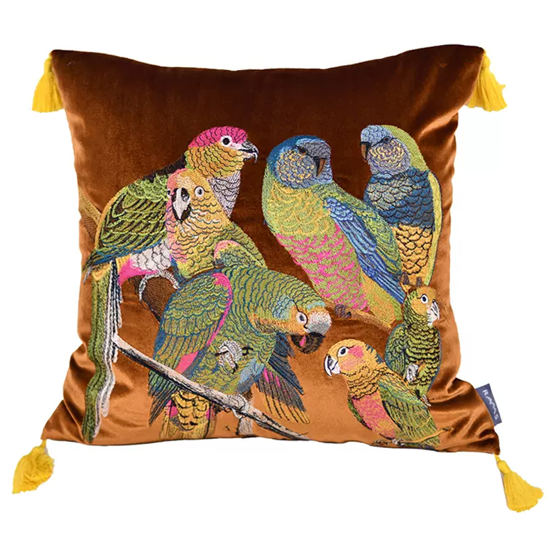 Декоративная подушка с вышивкой Embroidery Parrots Pillow Brown Коричневый Мульти в Санкт-петербурге | Loft Concept 