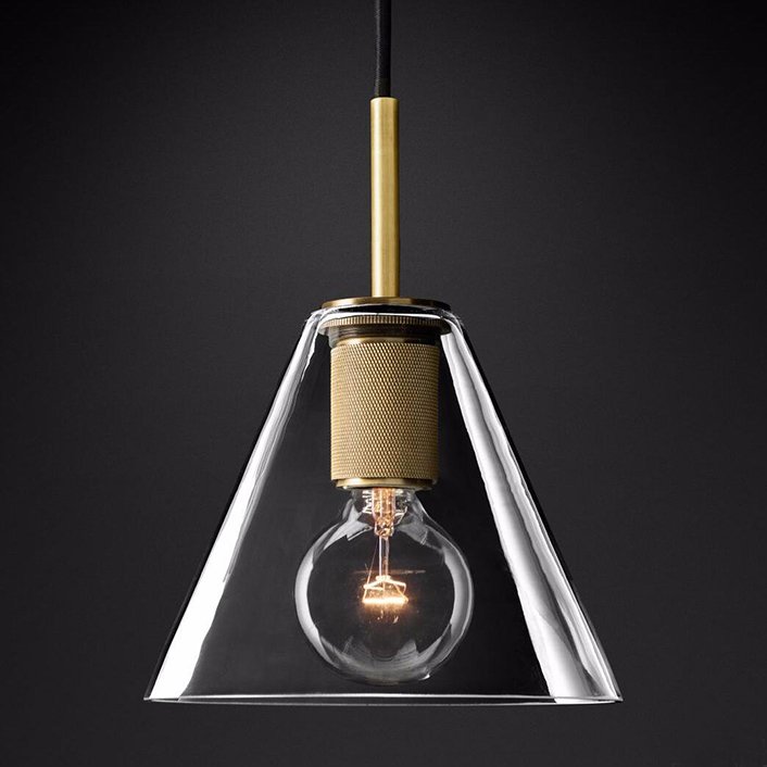 Подвесной светильник RH Utilitaire Funnel Pendant Brass Латунь Прозрачное Стекло в Санкт-петербурге | Loft Concept 