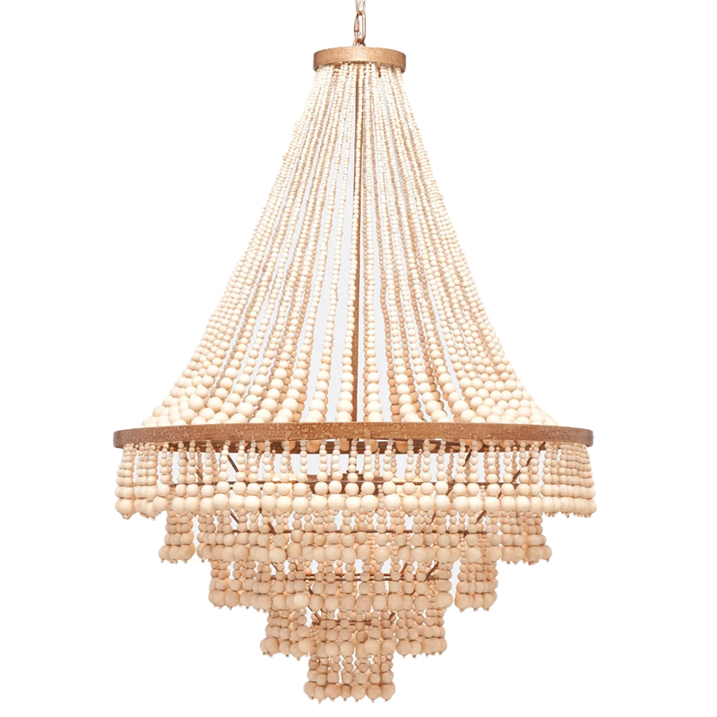 Многоярусная люстра украшенная круглыми деревянными бусами Wooden Beads Chandelier L Винтажная латунь Кремовый в Санкт-петербурге | Loft Concept 