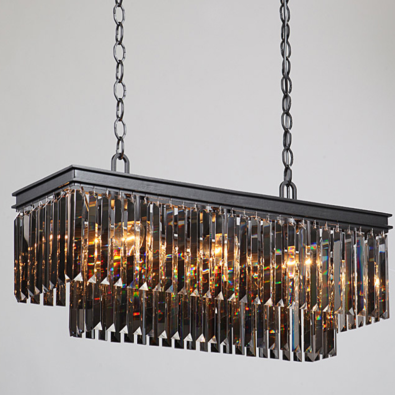 Люстра Odeon Gray glass Rectangular Chandelier Black iron  стекло Смок длина 80 Черный матовый в Санкт-петербурге | Loft Concept 