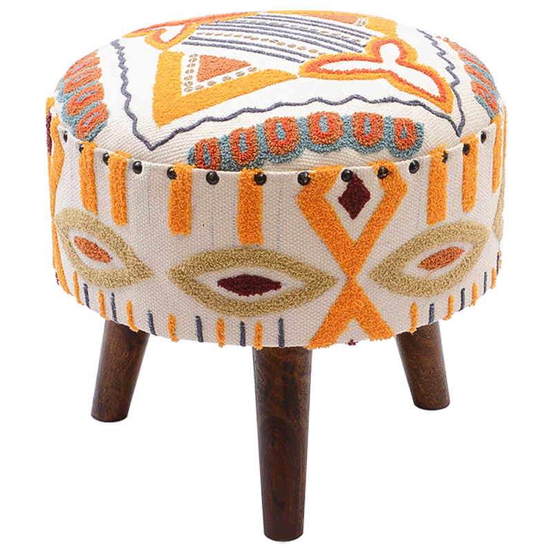 Пуф India Multicolor Ornament Wood Pouf Белый Мульти Коричневый в Санкт-петербурге | Loft Concept 