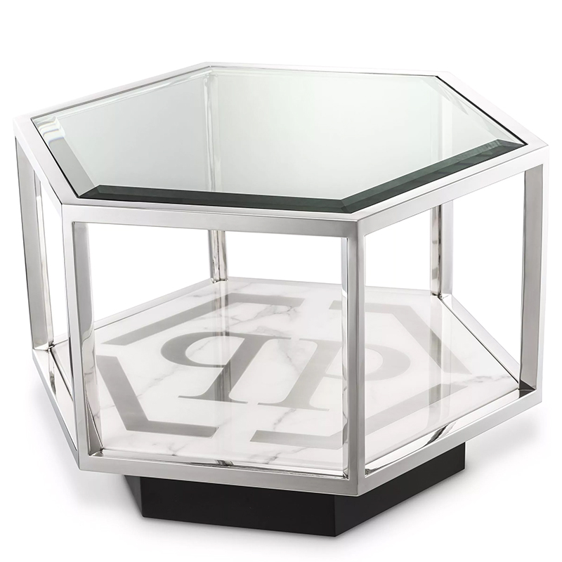 Приставной стол Philipp Plein Side Table Falcon View Chrome Хром Белый Мрамор Bianco Серый Черный Прозрачное Стекло в Санкт-петербурге | Loft Concept 