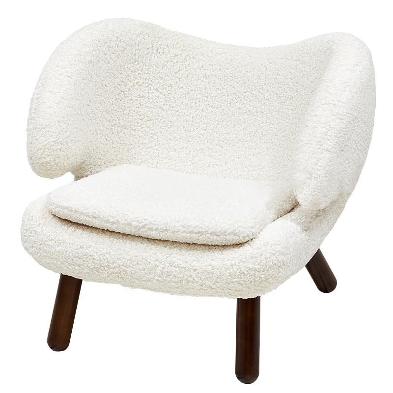 Кресло из белой ткани букле с ножками из массива ясеня Boucle Caldwell White Armchair Белый Коричневый в Санкт-петербурге | Loft Concept 