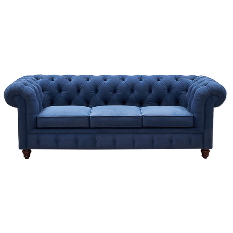 Диван Mini Kensington Sofa triple blue velor Сапфирово-синий Коричневый в Санкт-петербурге | Loft Concept 