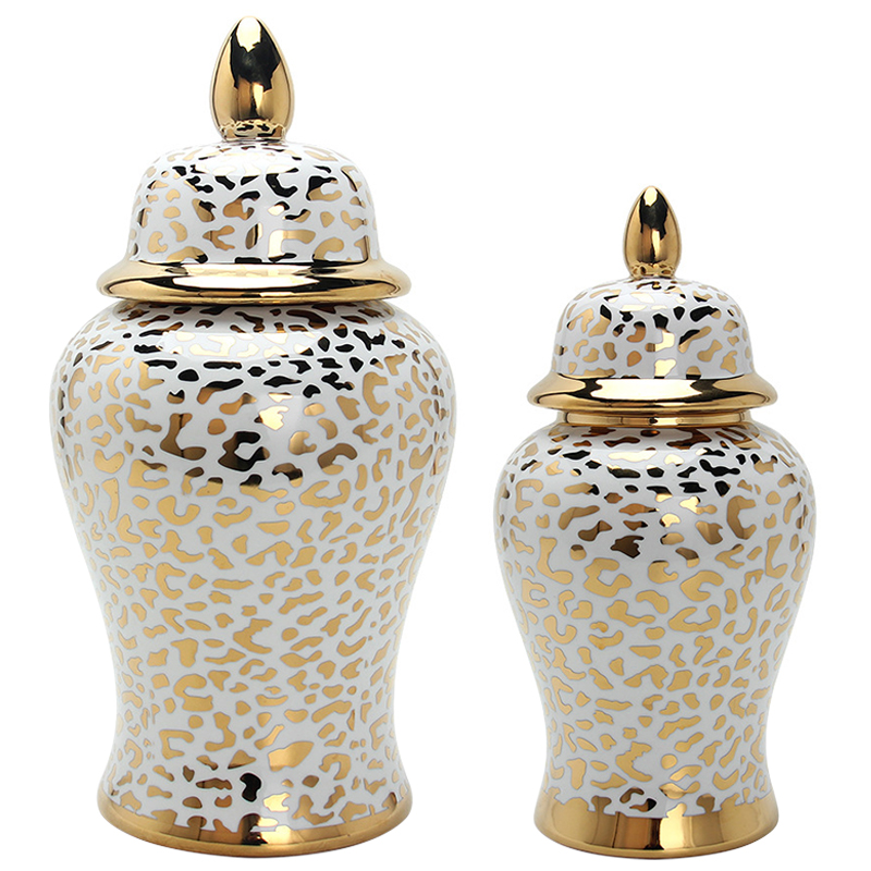 Ваза с крышкой Leopard Print Gold Vase Белый Глянцевое золото в Санкт-петербурге | Loft Concept 