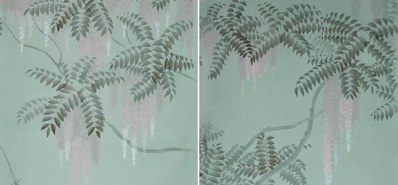 Обои в Японском стиле Wisteria Special Colourway on Blue Grey dyed silk - фото