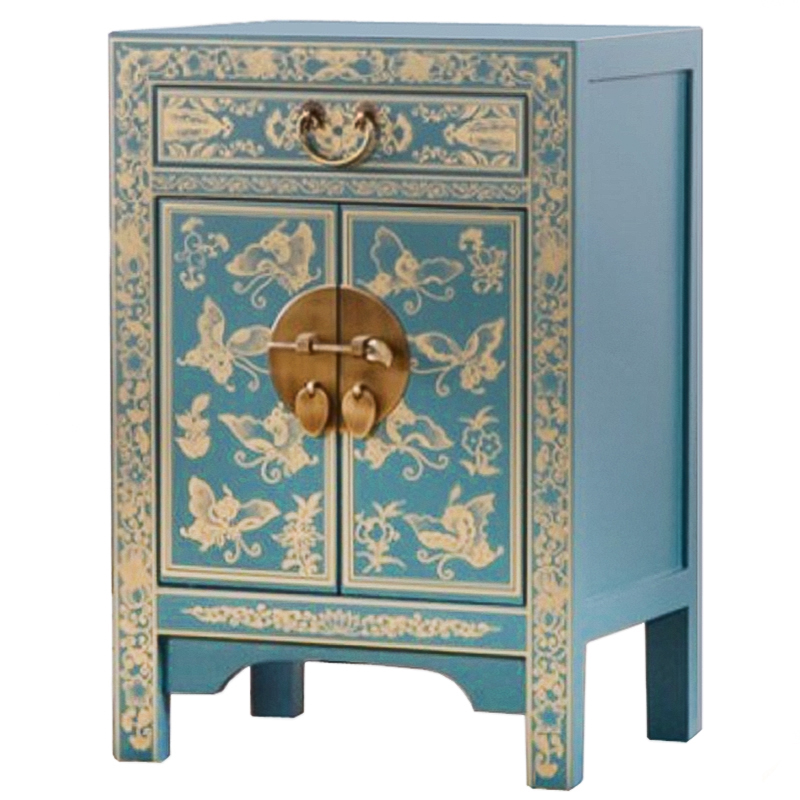 Светло-бирюзовая тумба в Китайском стиле ручная роспись Light Turquoise Chinese Nightstand Бирюзовый Золотой в Санкт-петербурге | Loft Concept 