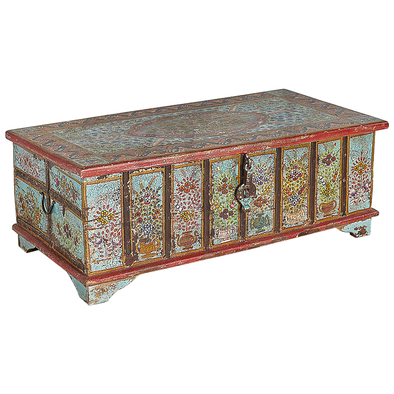 Сундук ручная роспись Pran Antique Indian Painted Chest Мульти Бирюзовый Красный в Санкт-петербурге | Loft Concept 