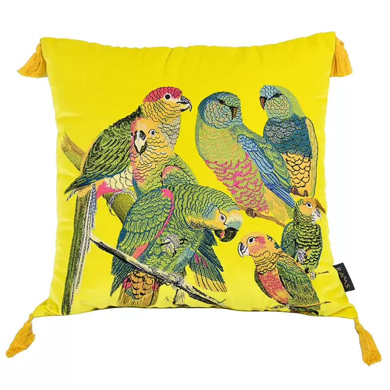 Декоративная подушка с вышивкой Embroidery Parrots Pillow Yellow Желтый Мульти в Санкт-петербурге | Loft Concept 