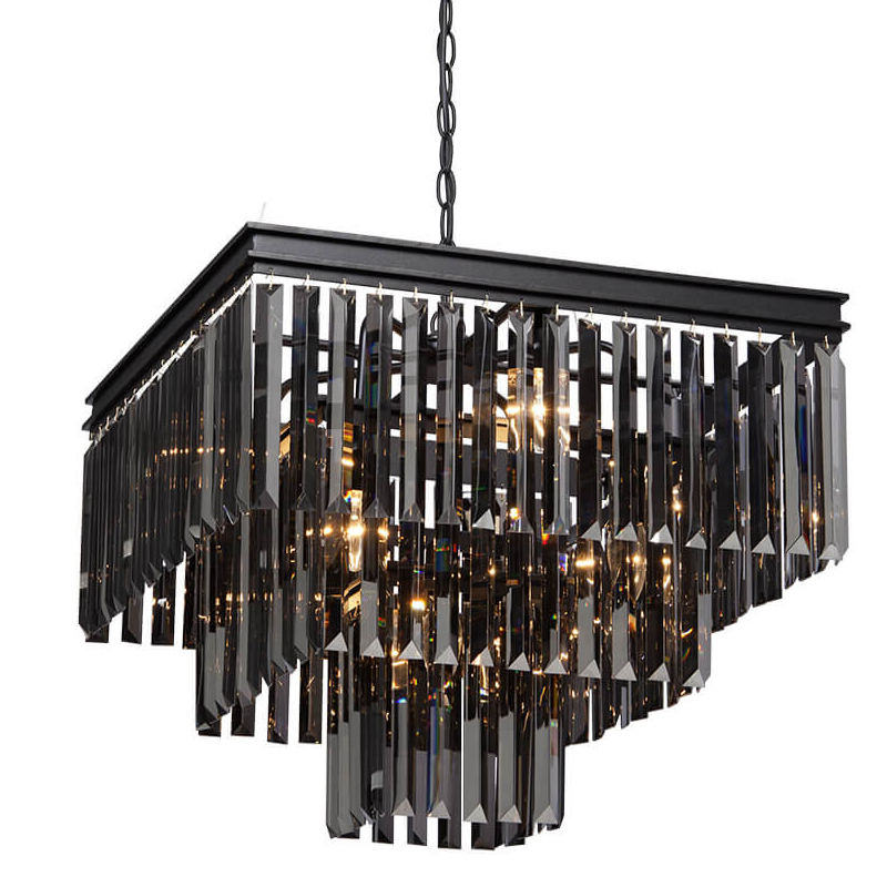 Люстра RH 1920s Odeon Smok Glass Fringe Chandelier - 3 square  стекло Смок 53 см Черный матовый в Санкт-петербурге | Loft Concept 