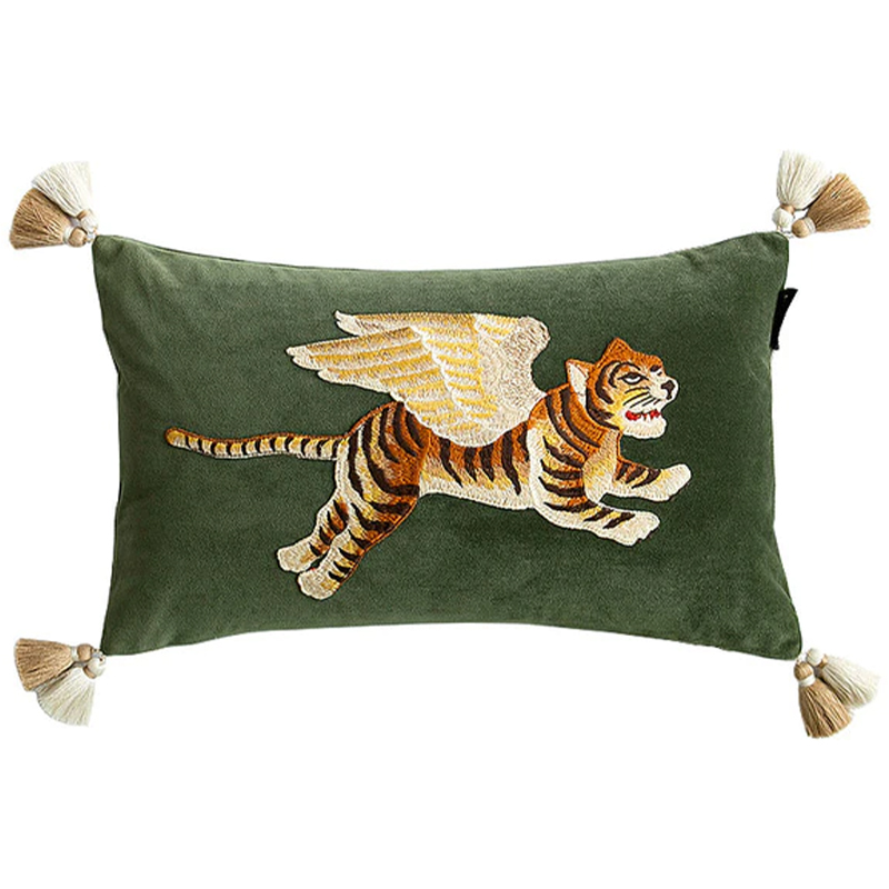 Декоративная подушка с вышивкой Стиль Gucci Winged Tiger Cushion Зеленый Оранжевый Золотой в Санкт-петербурге | Loft Concept 