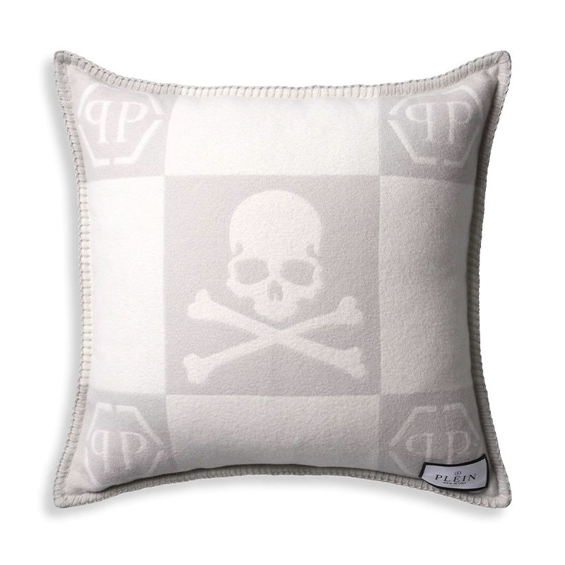 Подушка Philipp Plein Cushion Cashmere Skull 45 x 45 Grey Серый Белый в Санкт-петербурге | Loft Concept 