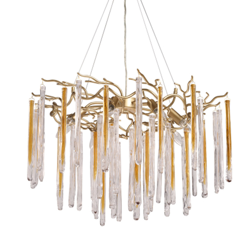 Люстра подвесная золотого цвета с разветвленными ветвями и прозрачными стеклянными подвесками Droplet Chandelier Золотой Прозрачный в Санкт-петербурге | Loft Concept 