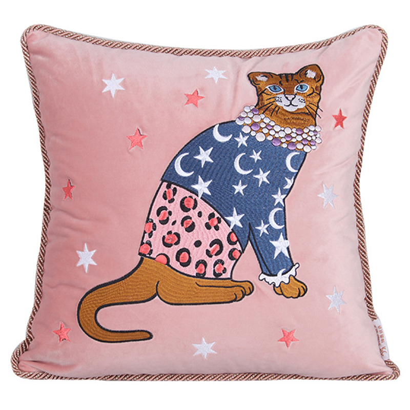 Декоративная подушка с вышивкой Magic Cat Embroidery Cushion Розовый Синий Оранжевый Мульти в Санкт-петербурге | Loft Concept 