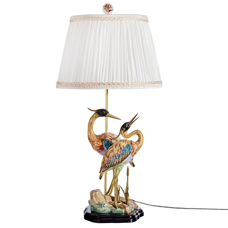 Настольная лампа с абажуром и основанием в виде двух цапель Porcelain Heron Lamp Белый Мульти Бронза в Санкт-петербурге | Loft Concept 