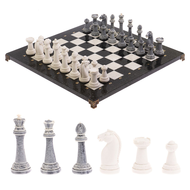 Шахматы Стаунтон с доской из натуральных камней Decorative Thematic Chess  Черный Серый Белый Золотой в Санкт-петербурге | Loft Concept 