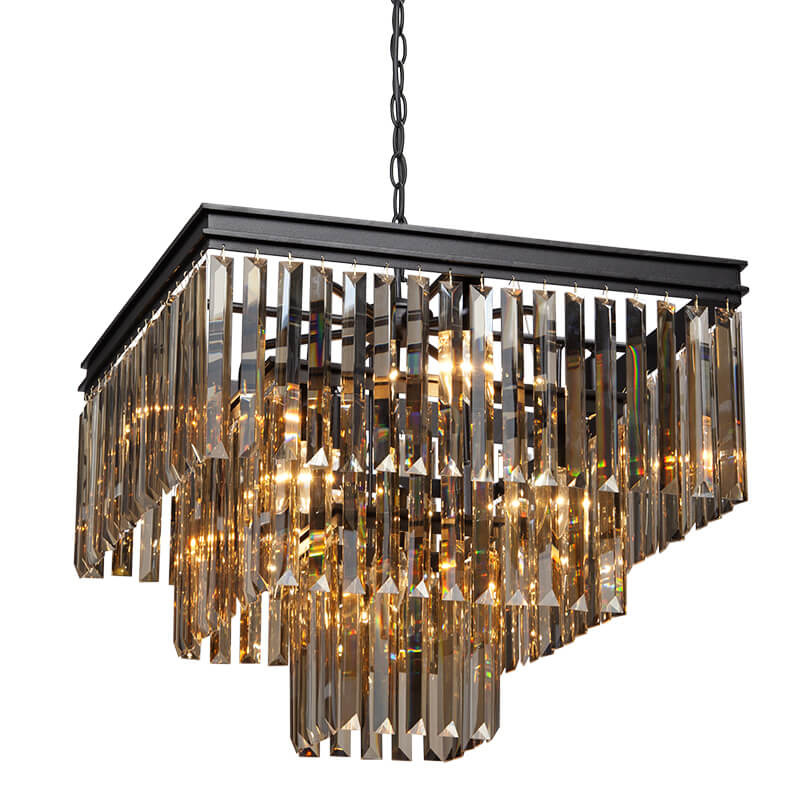 Люстра RH 1920s Odeon Amber GLASS Fringe Chandelier - 3 square Янтарное стекло 53 см Черный матовый в Санкт-петербурге | Loft Concept 