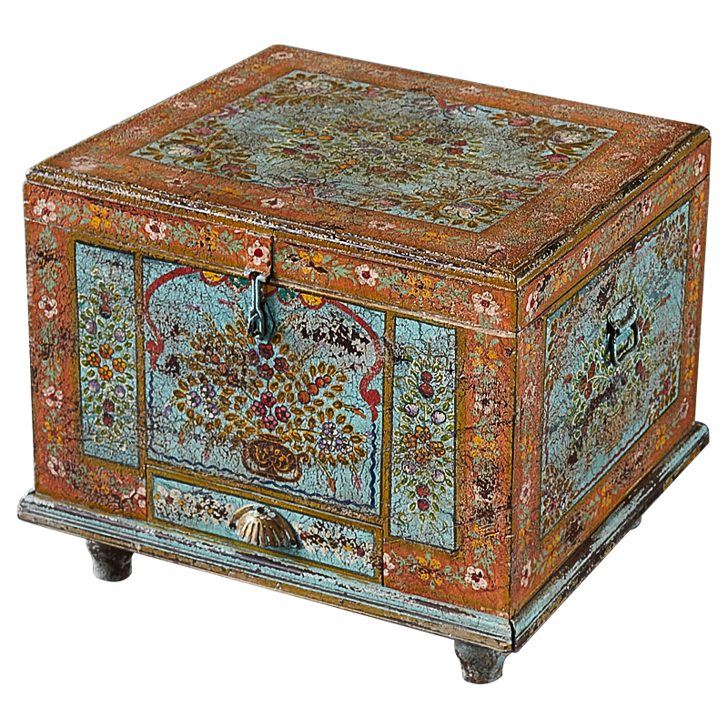 Сундук ручная роспись Harsh Antique Indian Painted Chest Мульти Бирюзовый Оранжевый в Санкт-петербурге | Loft Concept 