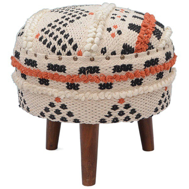 Пуф India Multicolor Ornament Wood Pouf II Белый Черный Коричневый Оранжевый в Санкт-петербурге | Loft Concept 