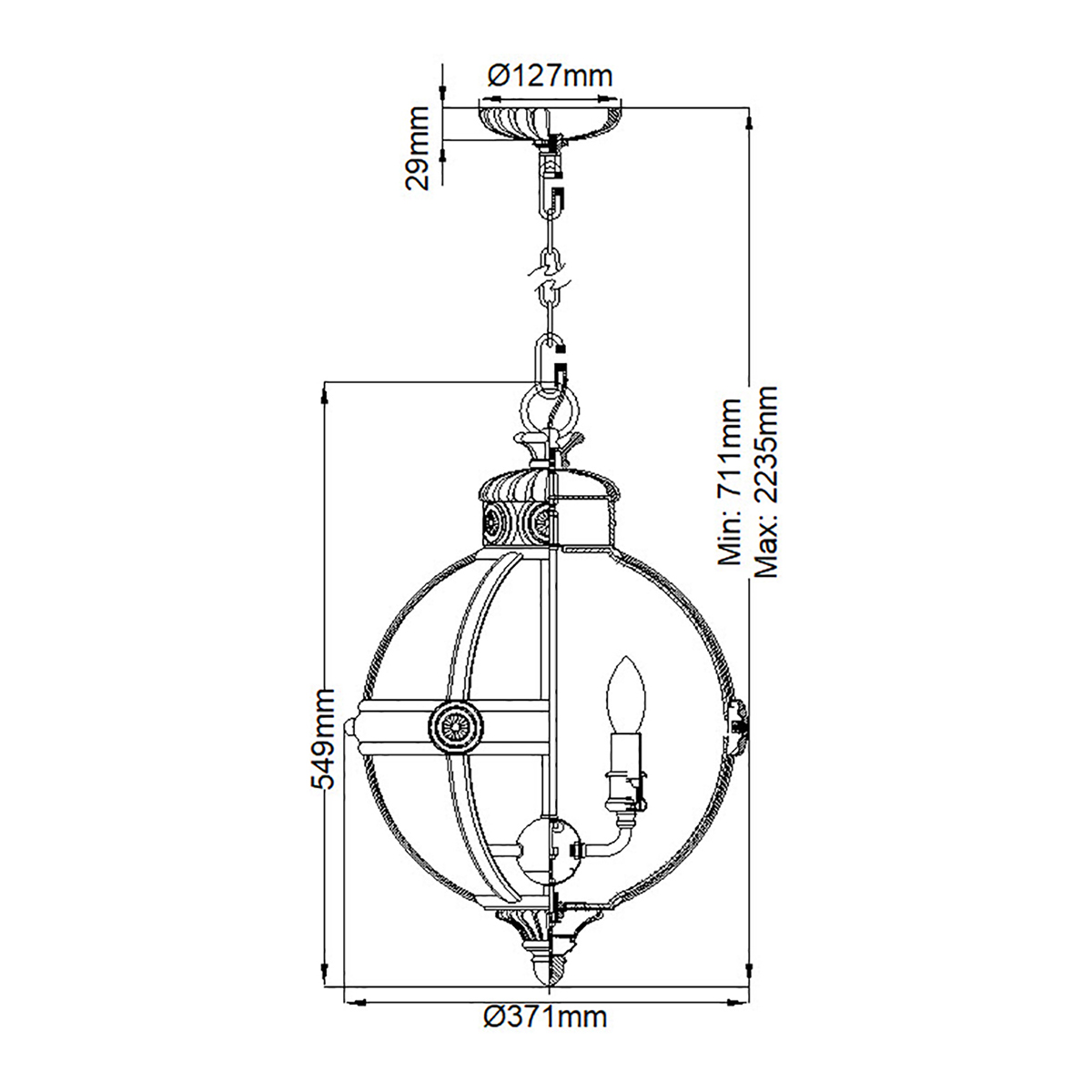 Подвесной светильник с прозрачным стеклянным плафоном в форме шара цвета никеля в индустриальном стиле на цепи 3 лампы Feiss в Санкт-петербурге