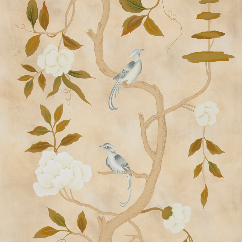 Обои ручная роспись Gustavian Tree of Life Special Colourway on Edo custom white painted silk  в Санкт-петербурге | Loft Concept 