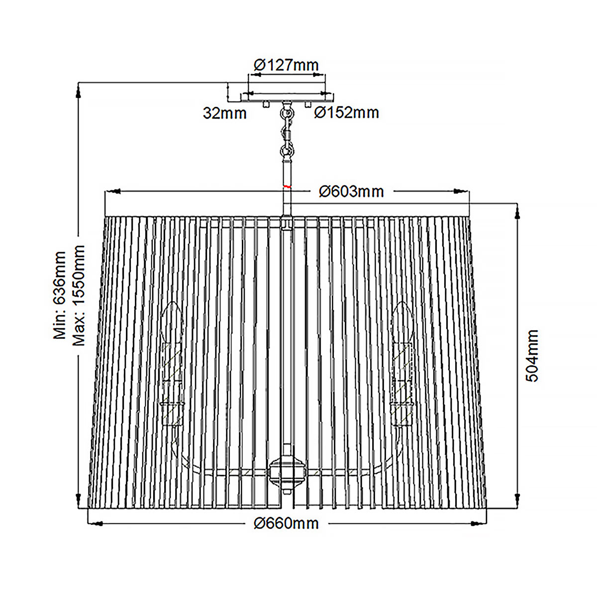 Люстра цвета латунь с 6-ю лампами свечами внутри цилиндрического абажура из черных металлических реек Kichler в Санкт-петербурге