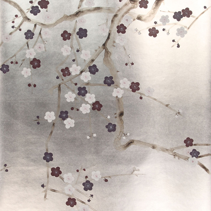 Обои ручная роспись Plum Blossom Lavender on Tarnished Silver gilded paper  в Санкт-петербурге | Loft Concept 