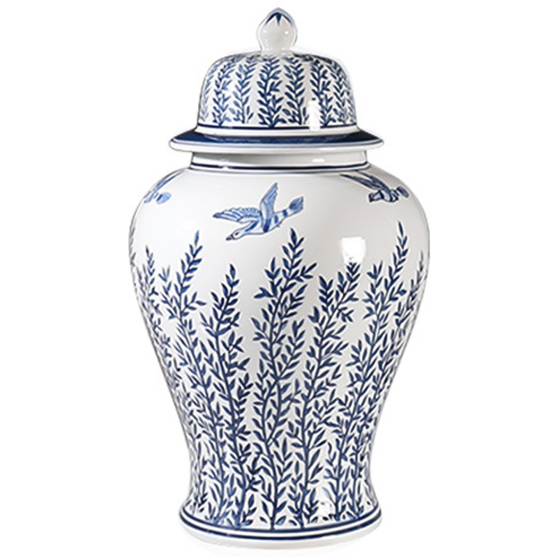 Ваза с крышкой Oriental Blue & White Flying Birds Vase Белый Синий в Санкт-петербурге | Loft Concept 