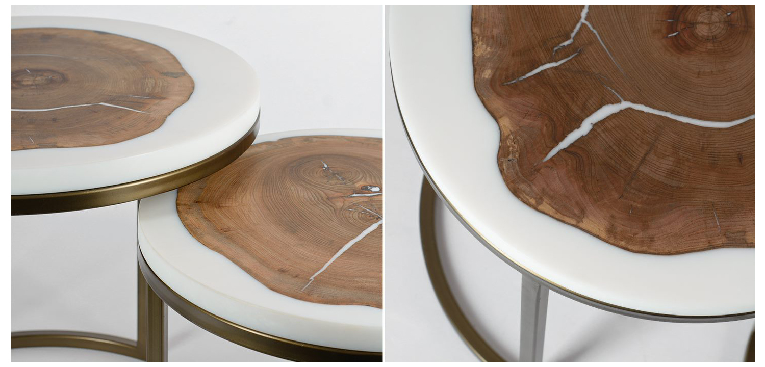 Набор приставных столиков карагач + белая смола - фото