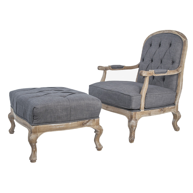 Кресло с пуфом с мягкой обивкой из льна Edward Armchair grey Серый Коричневый в Санкт-петербурге | Loft Concept 