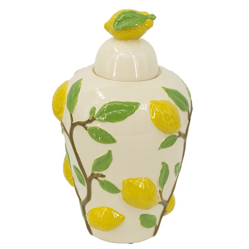 Ваза с крышкой кремового цвета и объемным рисунком лимонов и листьев Lemon Delight Кремовый Желтый Коричневый Зеленый Ваза с крышкой кремового цвета и объемным рисунком лимонов и листьев Lemon Delight Кремовый Желтый Коричневый Зеленый в Санкт-петербурге | Loft Concept