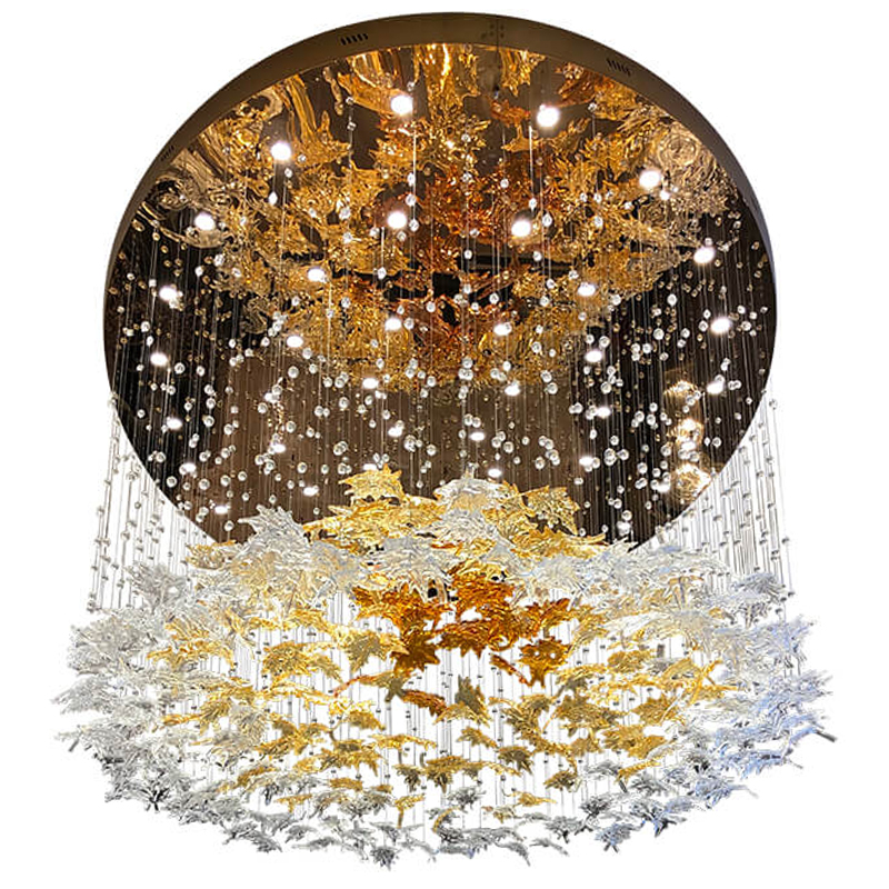 Большая круглая люстра с подвесками в виде листьев Amber Leaf Fall Light Chandelier Латунь Прозрачный Янтарный в Санкт-петербурге | Loft Concept 