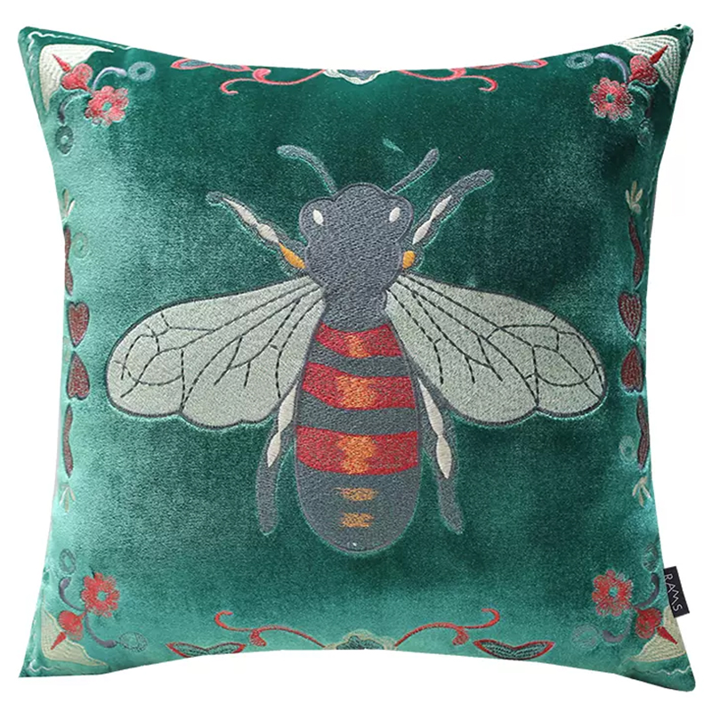 Декоративная подушка с вышивкой Пчела Стиль Gucci Bee Pillow Зеленая Мульти Зеленый в Санкт-петербурге | Loft Concept 