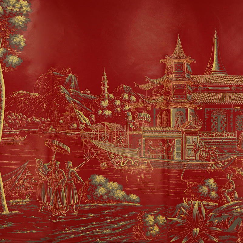 Обои ручная роспись Procession Chinoise Gold Outline on Scarlet Lady dyed paper with lacquered finish  в Санкт-петербурге | Loft Concept 